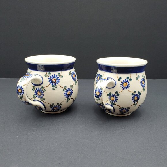 Polish Pottery Aster Trellis Mugs Made in Poland Blue Daisy Bubble Mugs - Picture 5 of 10